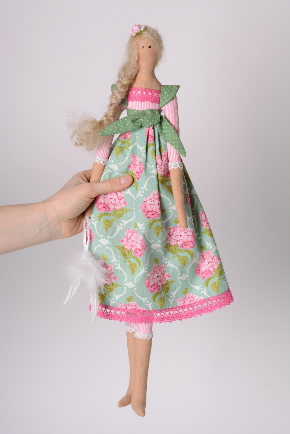 Beautiful handmade fabric soft doll with long braid in dress photo 3