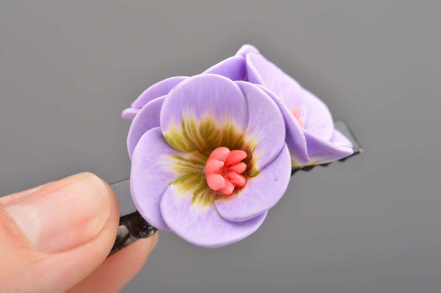 Unusual beautiful handmade designer lilac polymer clay flower hair clip photo 2