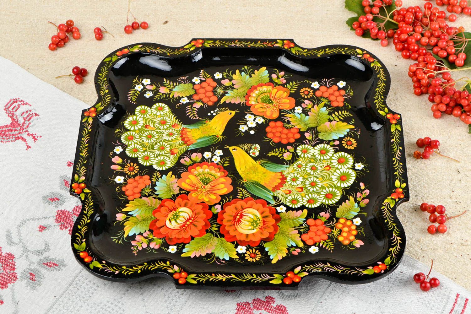 Assiette décorative faite main Assiette peinte carrée avec oiseaux Déco maison photo 1