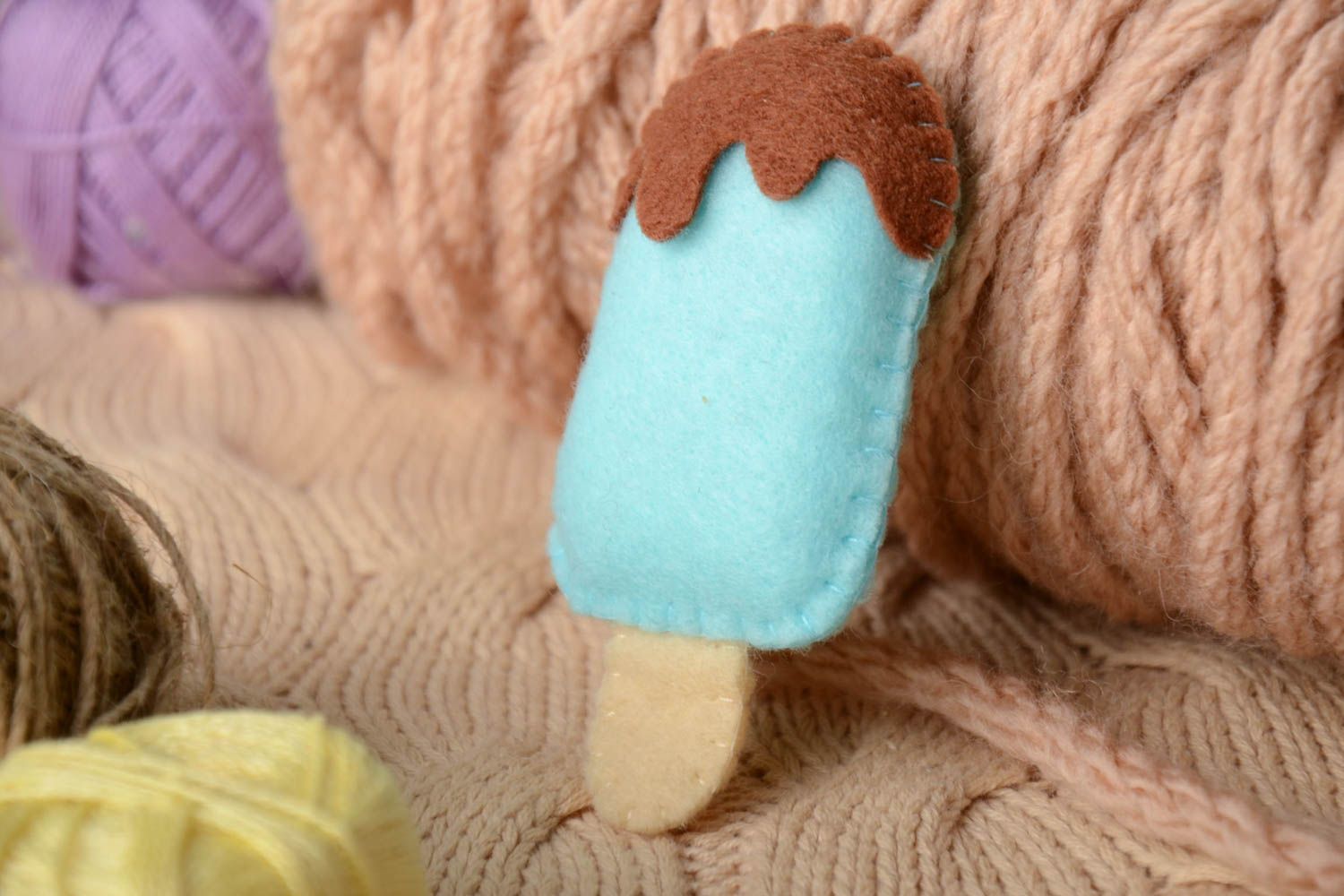 Handmade small felt soft toy fridge magnet blue ice cream with chocolate photo 1