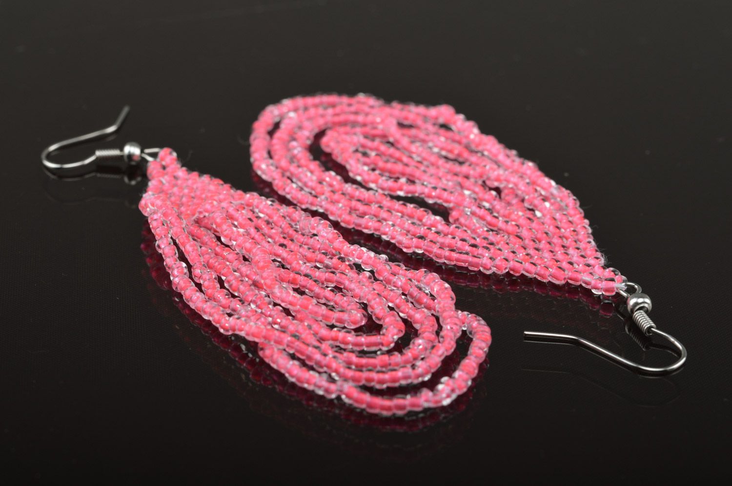 Handmade long dangle earrings woven of Czech beads of bright pink color photo 2