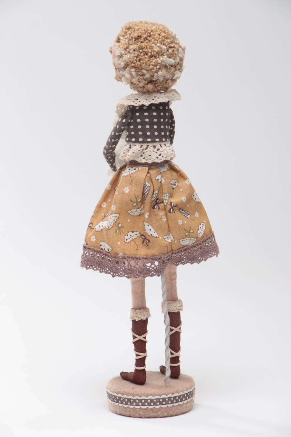 Handmade designer fabric soft doll in brown dress with toy lamb on stand photo 4