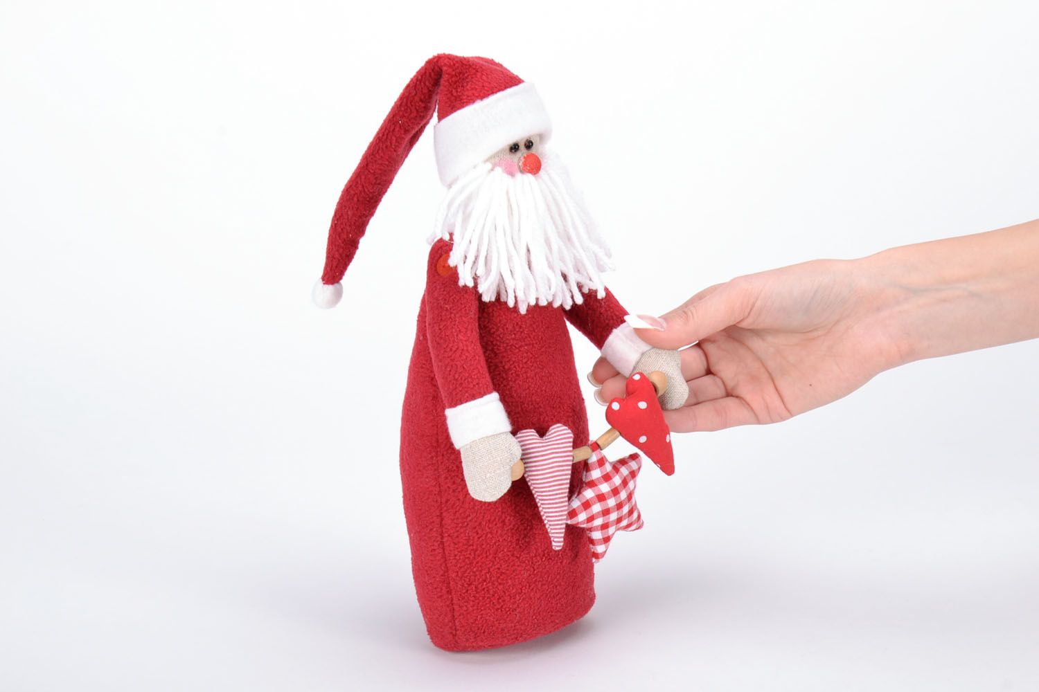 Poupée textile faite main Père Noël décorative belle originale rouge et blanc photo 2
