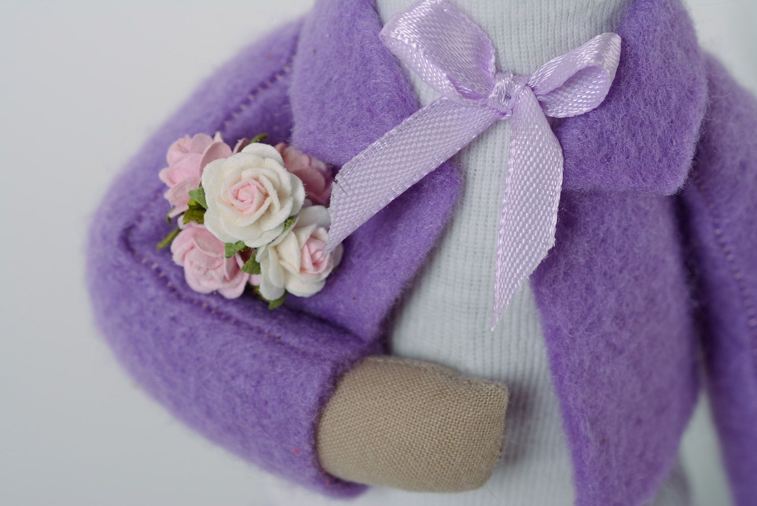 Cute handmade designer soft toy sewn of fabric Rabbit with violet ears  photo 3