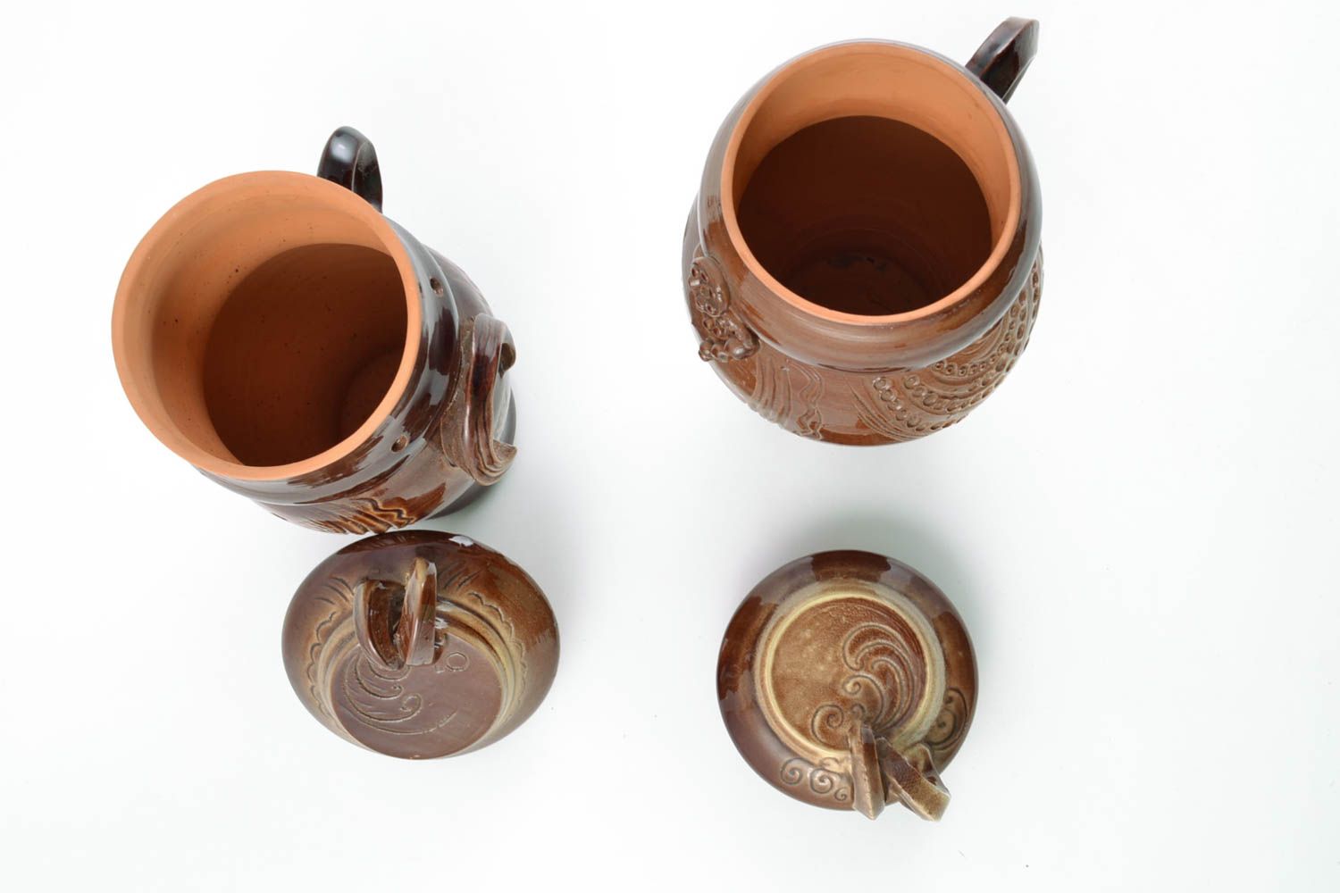 Set of 2 handmade decorative brown ceramic pots with lids coated with glaze photo 4