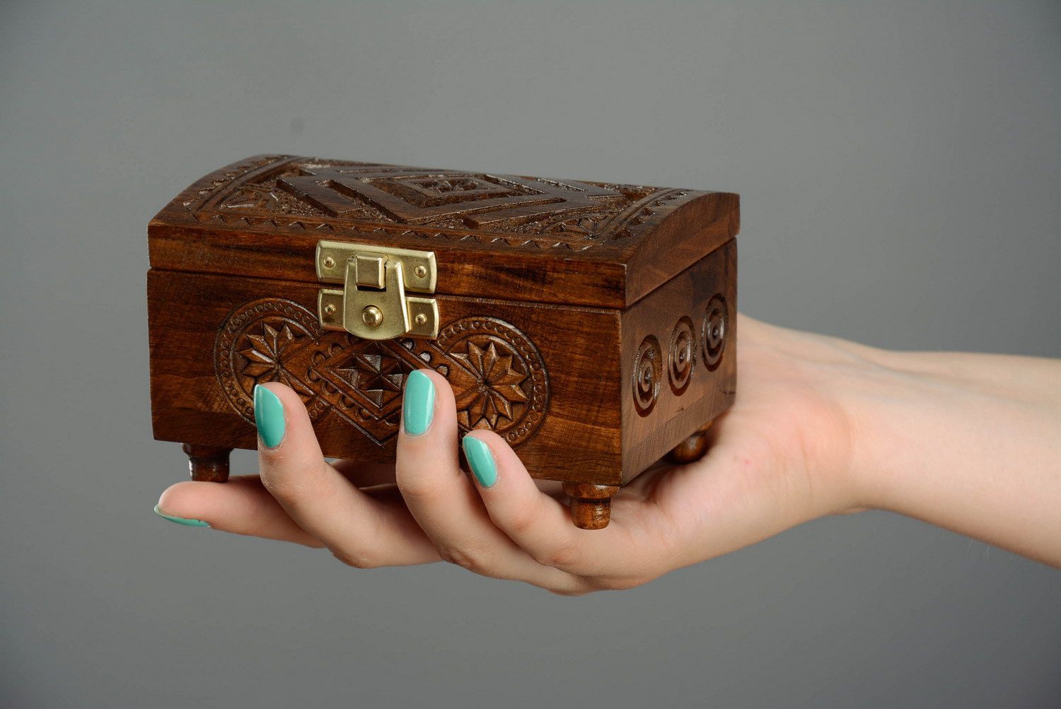 Scatola di legno fatta a mano cofanetto intagliato scrigno per gioielli foto 5