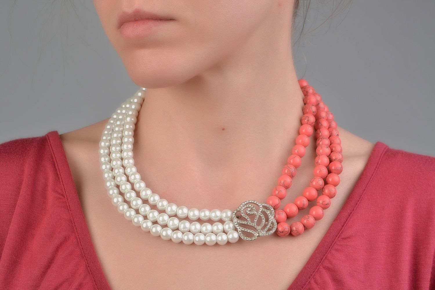 Handmade two colored necklace with natural coral and ceramic pearl-like beads  photo 1