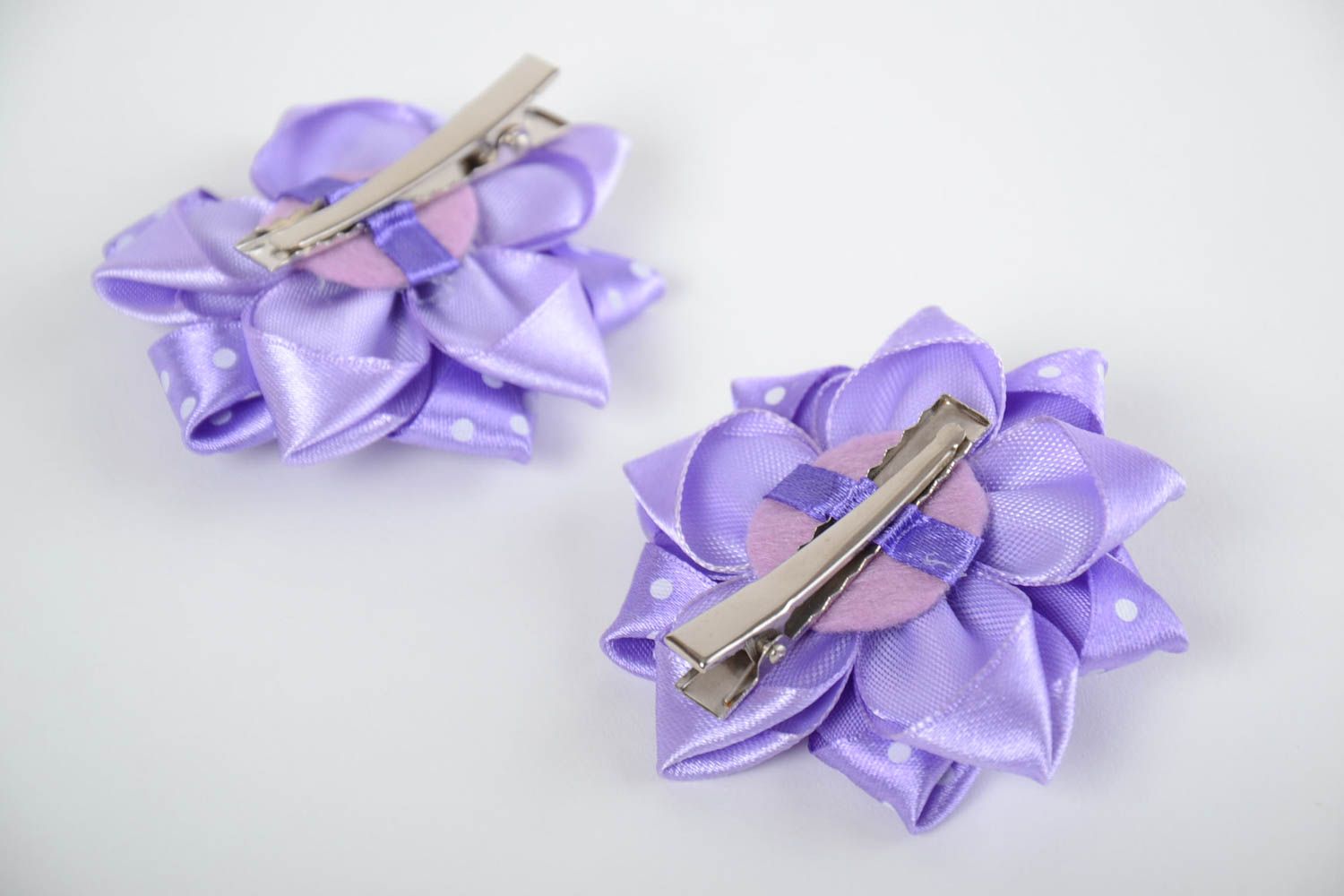 Set of handmade violet textile flower barrettes for children 2 pieces photo 3