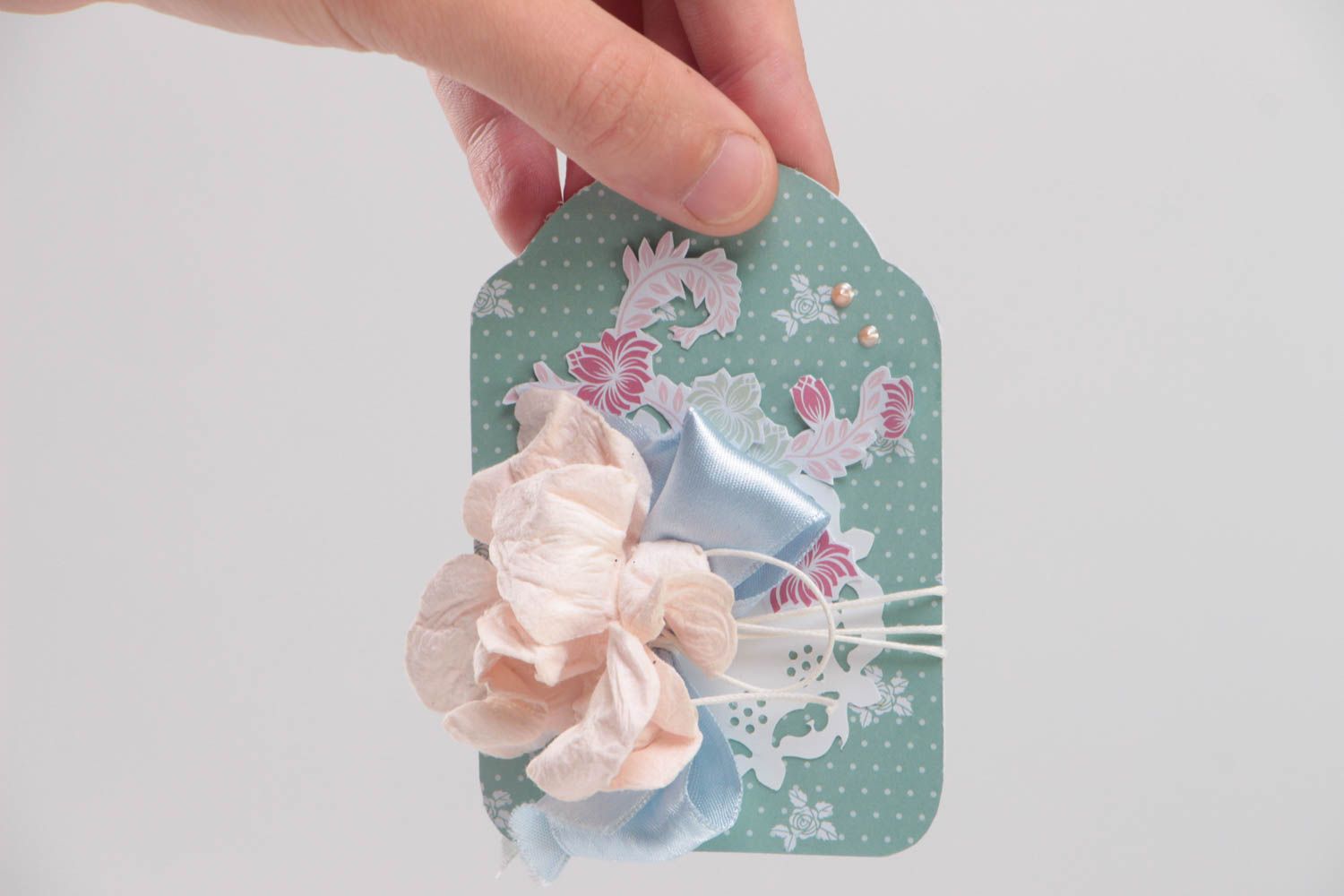 Beautiful handmade designer scrapbook gift tag green with ribbons photo 5