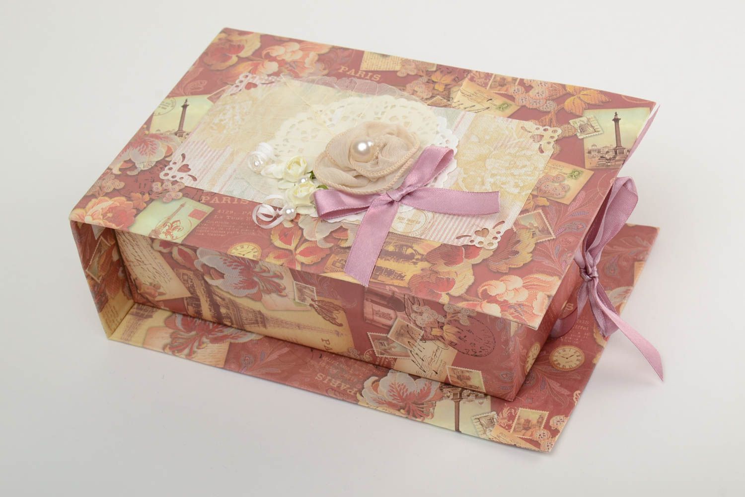 Decorative handmade box for gifts with ribbons and cloth inside made of cardboard photo 2