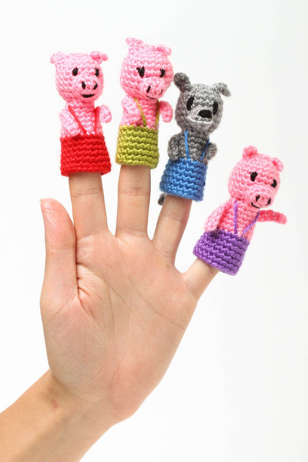 Marionnettes doigts fait main Jouets tricot Cadeau enfant 4 pièces loup cochons photo 5