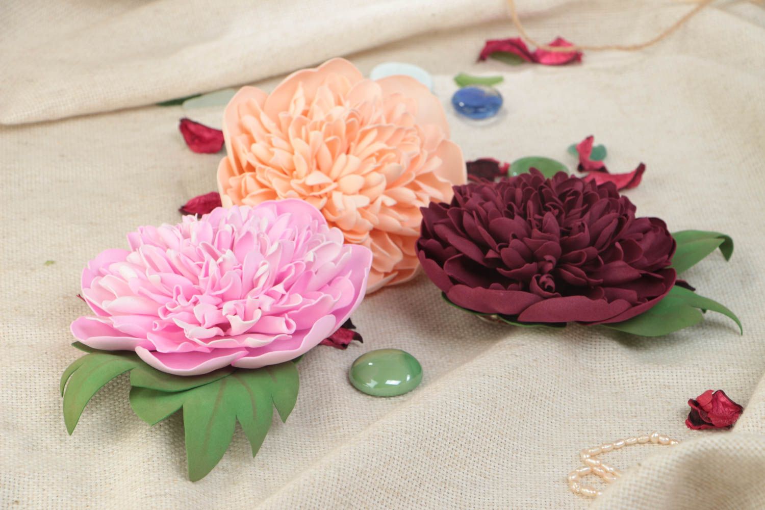 Set of 3 handmade designer brooches with volume large foamiran flowers photo 1