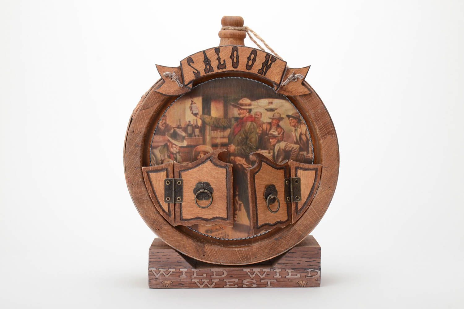 Decorative handmade carved whiskey flask cut out of oak barrel Saloon photo 2