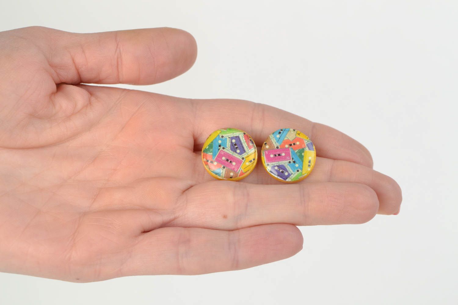 Handmade round polymer clay and epoxy resin stud earrings photo 2