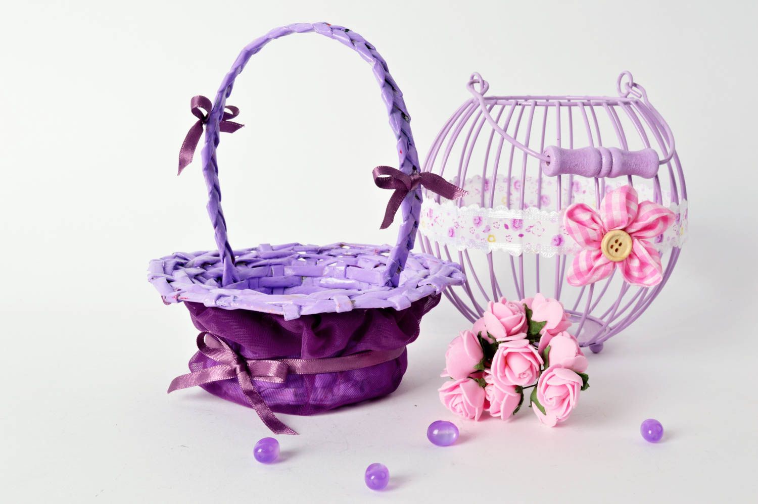 Cesta hecha a mano de mimbre de papel morada regalo para niña decoración de casa foto 1