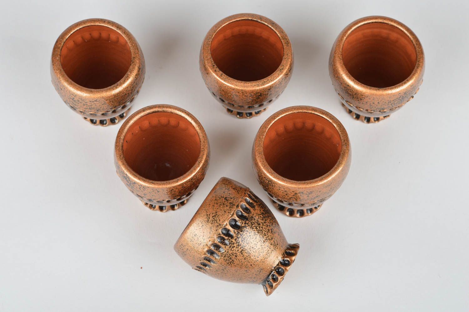 Set of 6 handmade decorative ornamented ceramic painted shot glasses bronze photo 5
