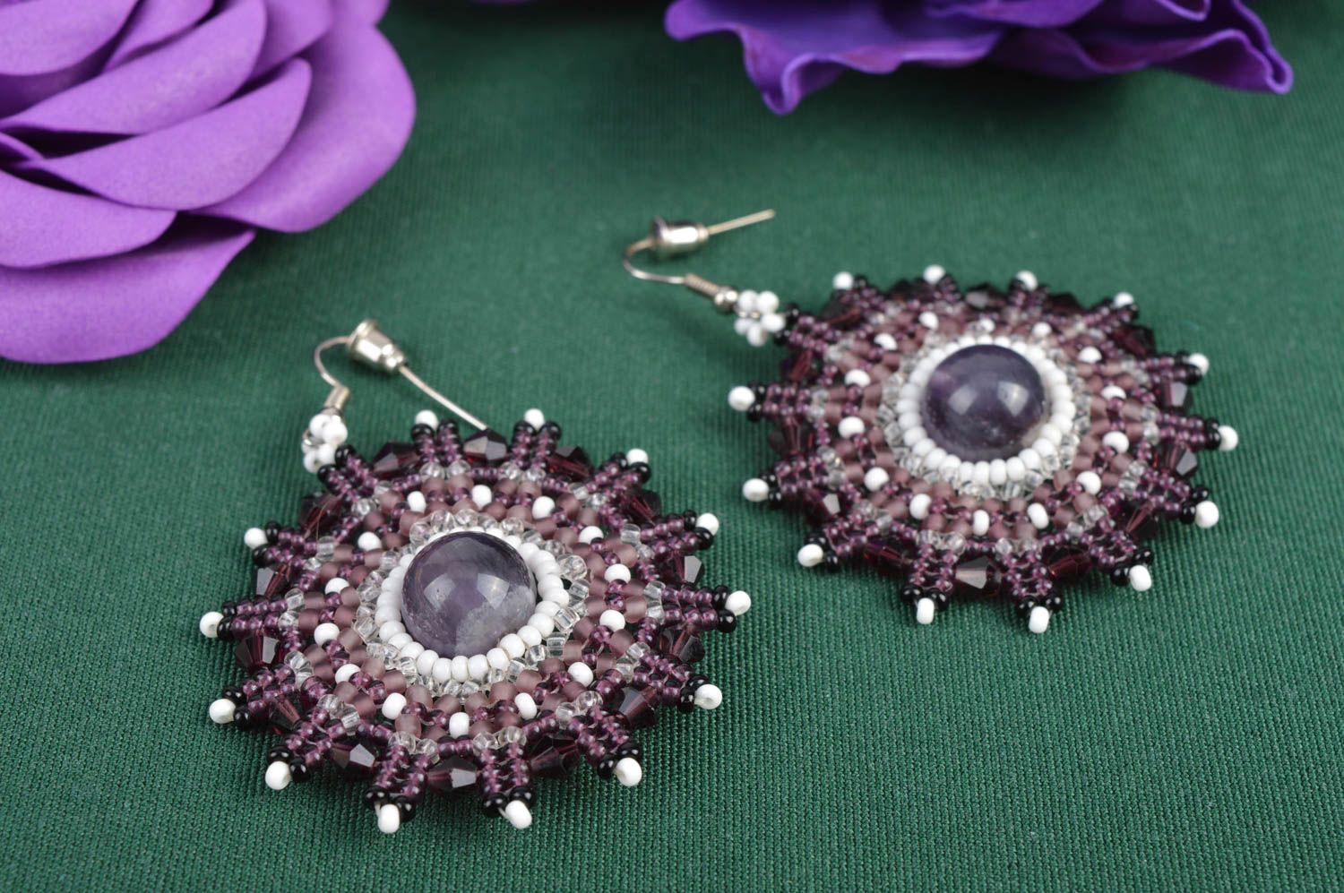 Handmade amethyst earrings unique designer beaded bijouterie present for woman photo 1