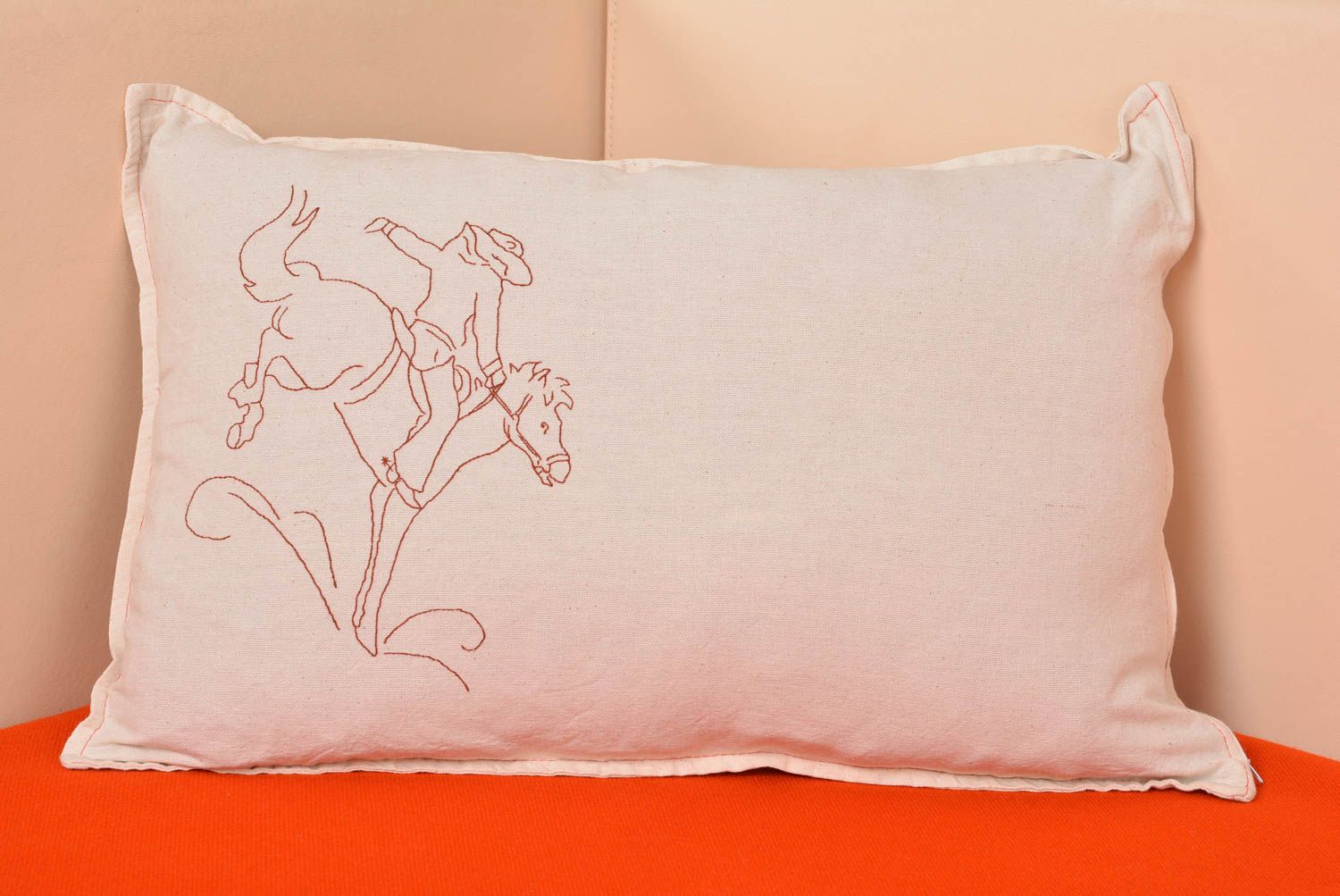 Handmade decorative light semi linen pillow case with embroidered cowboy photo 1
