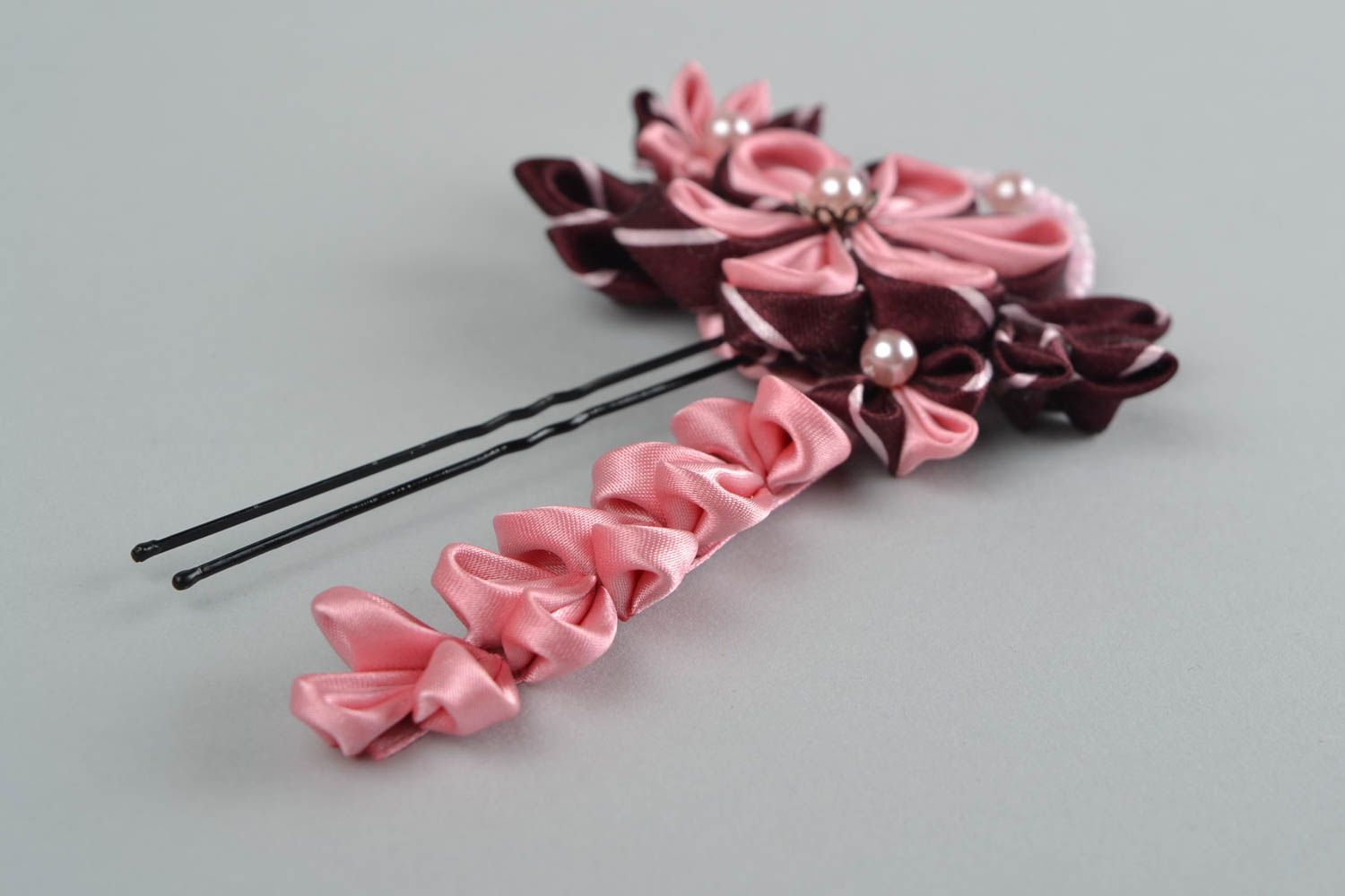 Unusual handmade satin ribbon flower hairpin kanzashi technique photo 4