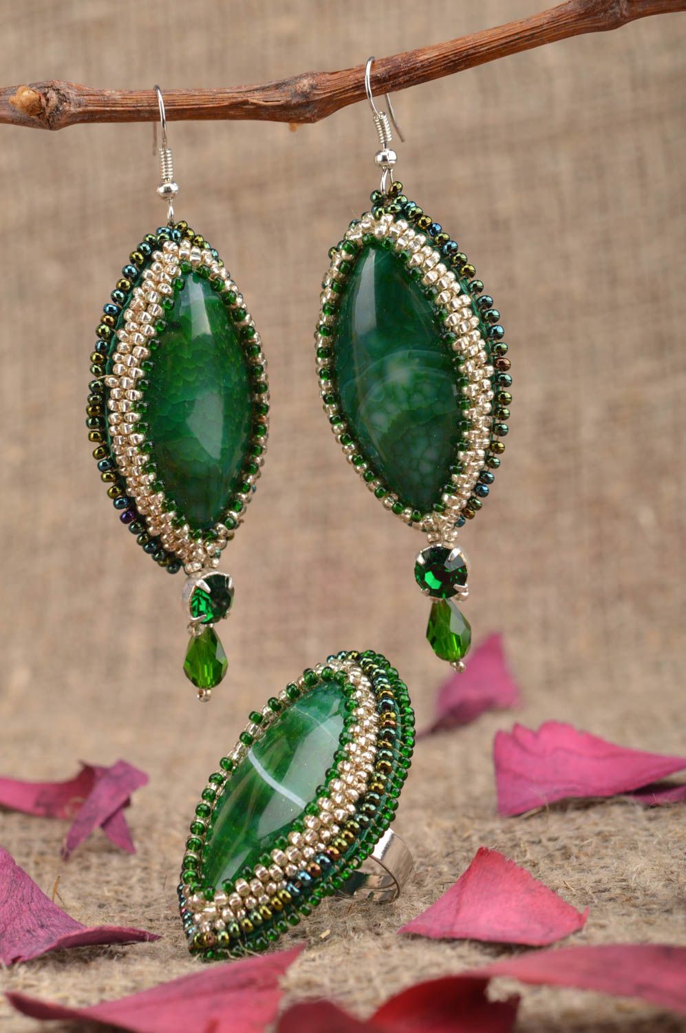 Handmade set of jewelry made of beads and natural stone earrings and ring photo 1