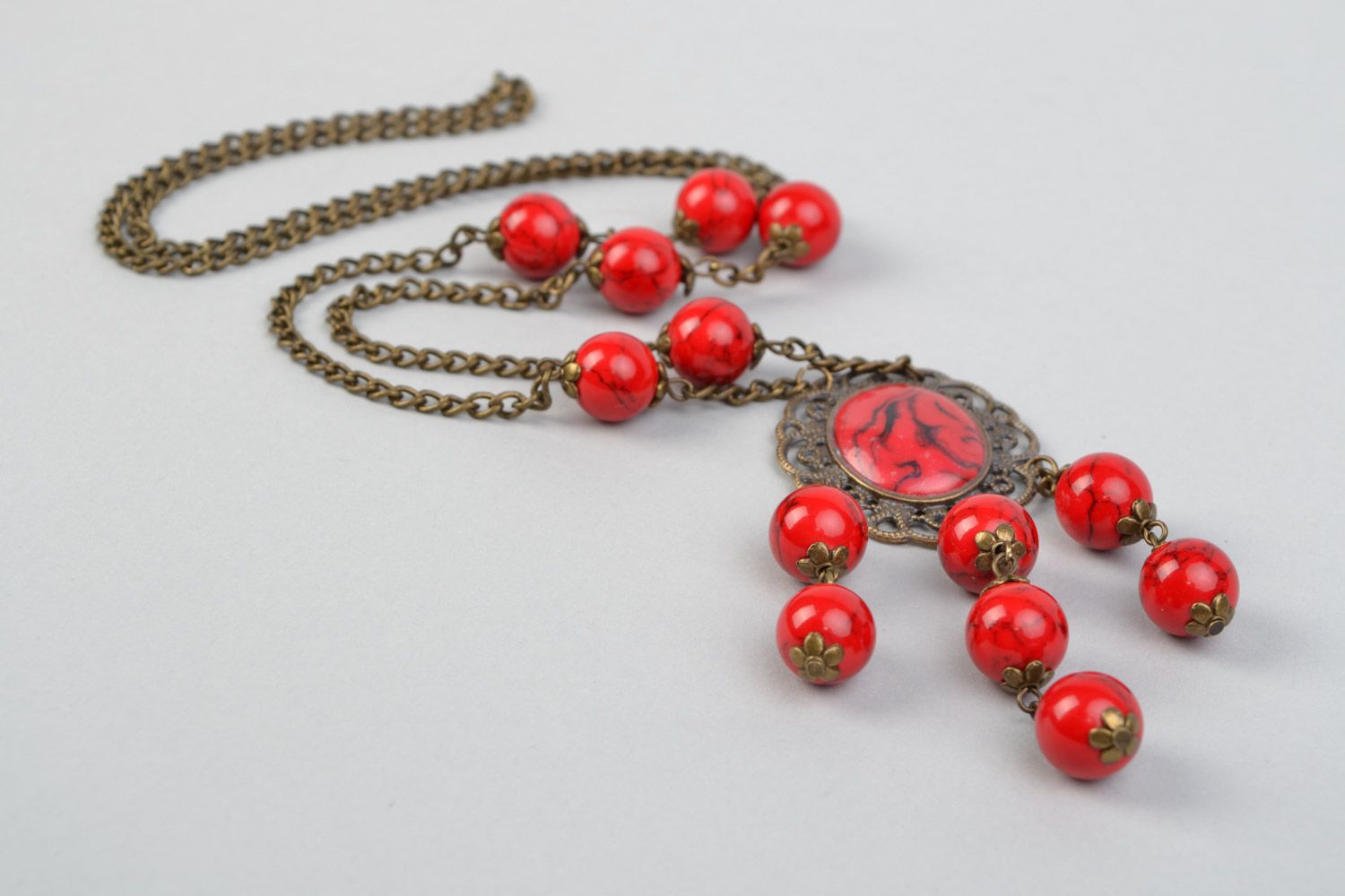 Handmade long red necklace with howlite and polymer clay cabochon on long chain photo 4
