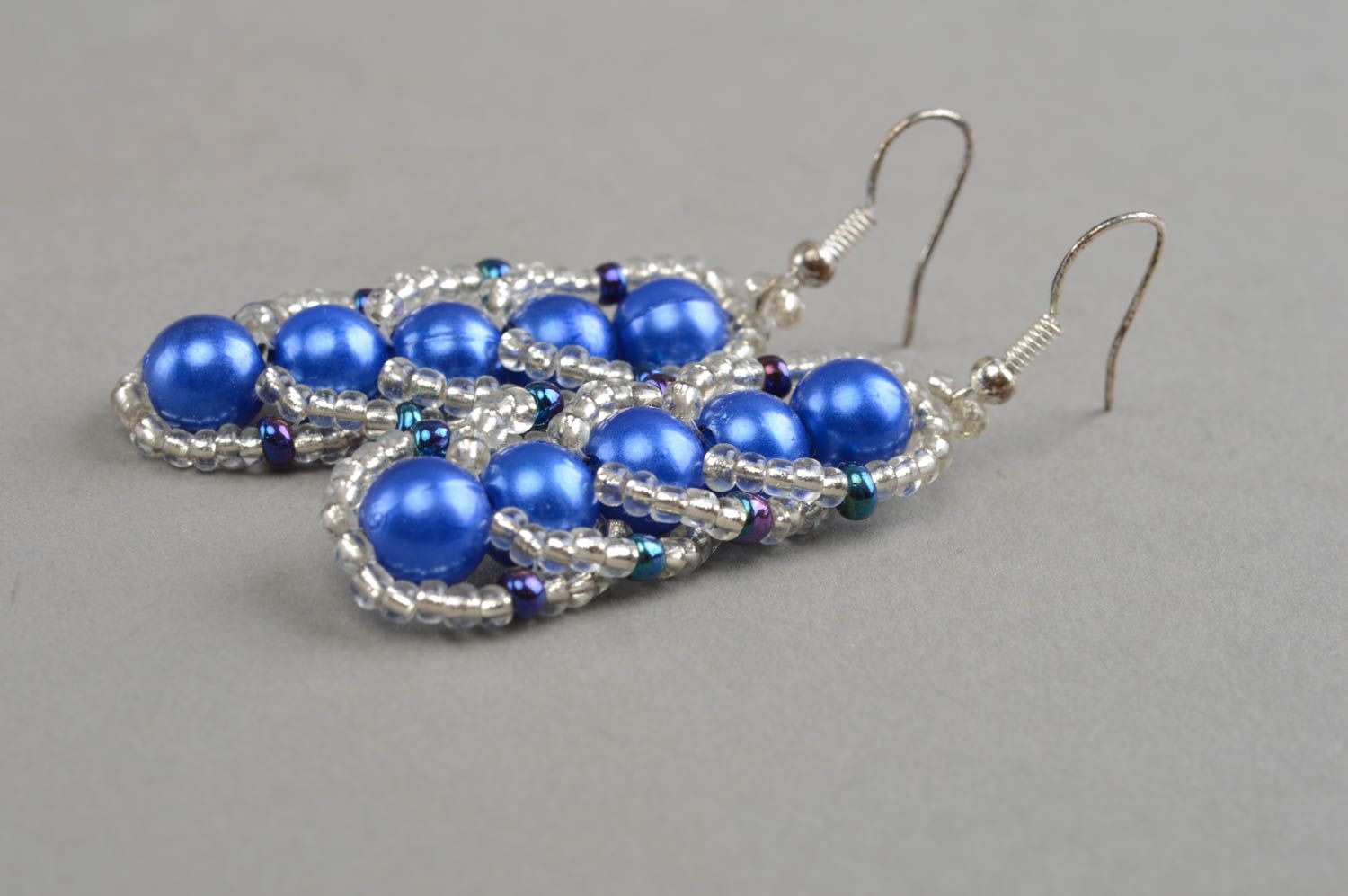 Handmade designer earrings blue beaded accessories stylish woven jewelry photo 3