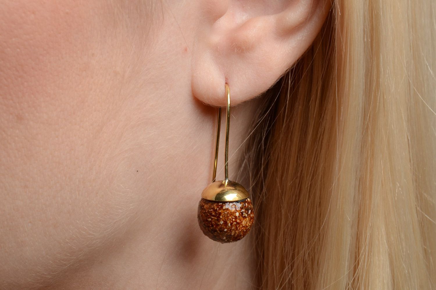Handmade designer elegant latten earrings with ceramic beads of chocolate color photo 5