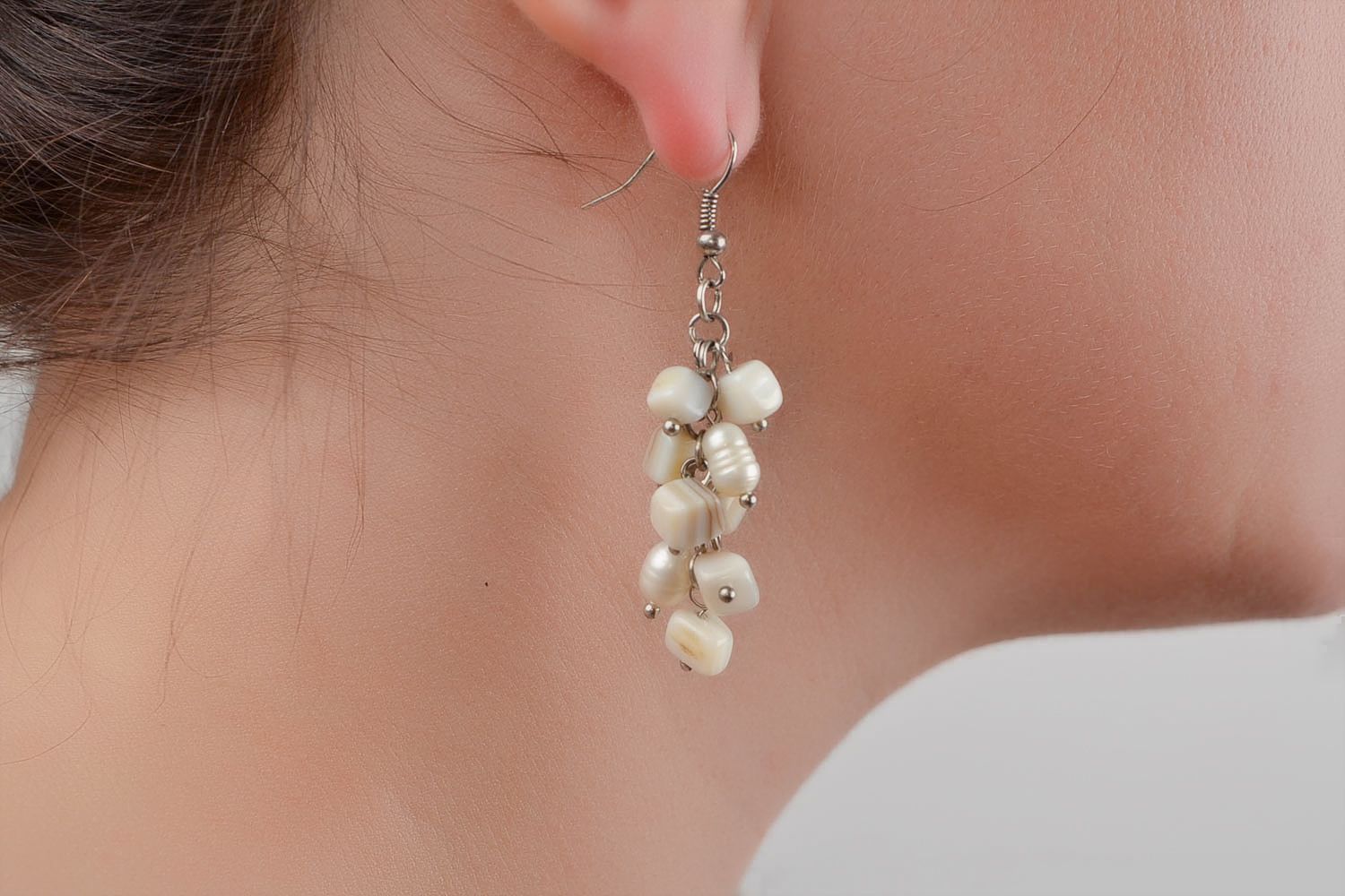 Beautiful handmade designer long earrings with nacre natural stone photo 2