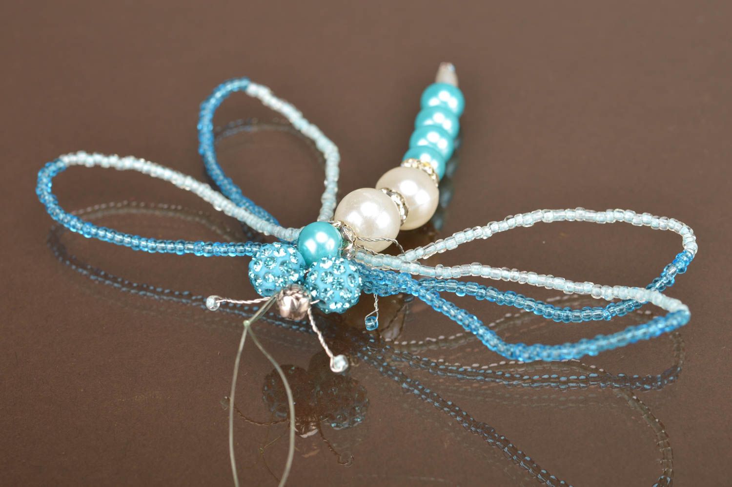Handmade decorative beadwork wall hanging figurine of white and blue dragonfly photo 1