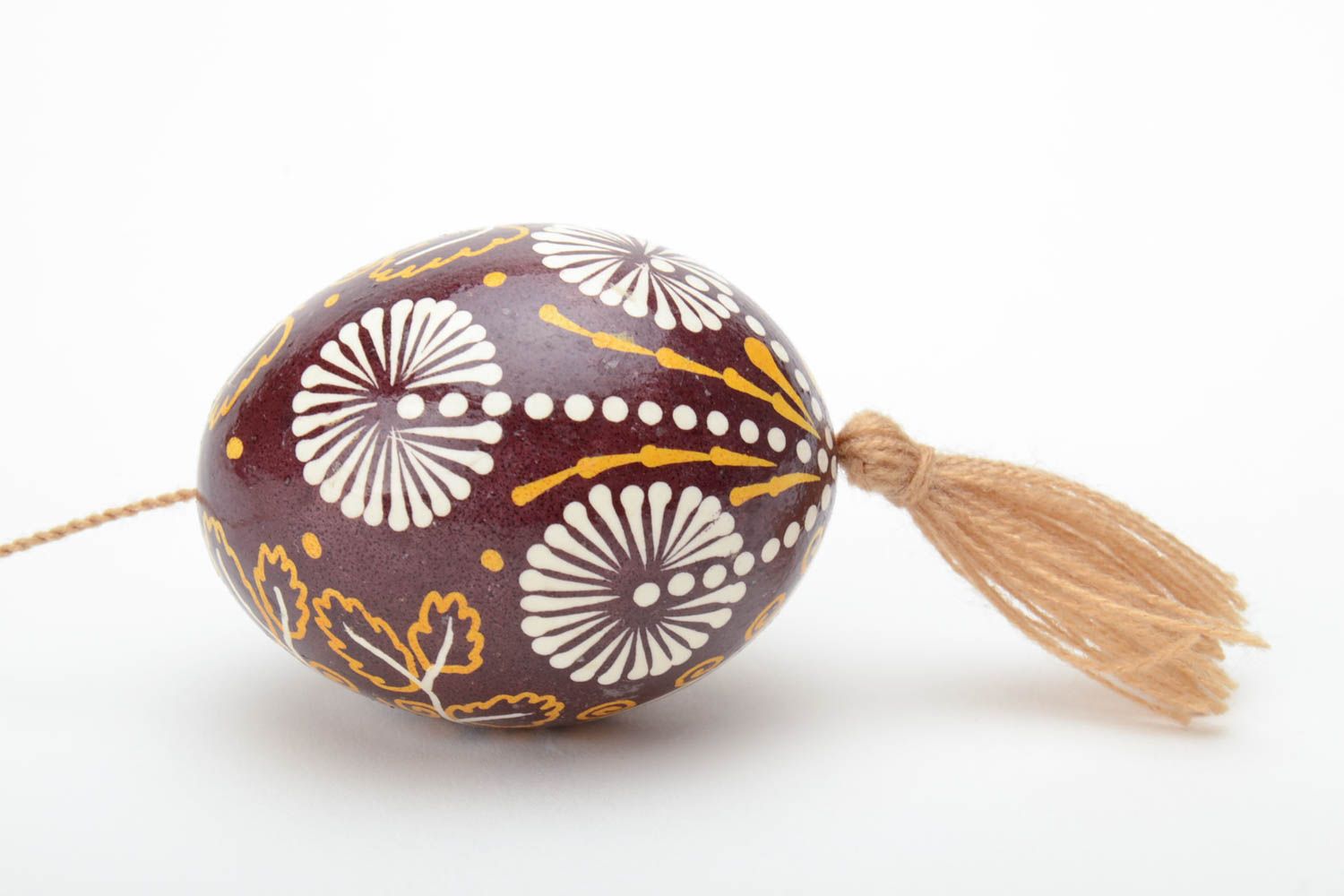 Handmade decorative wall hanging brown and beige painted Easter egg with tassel photo 3