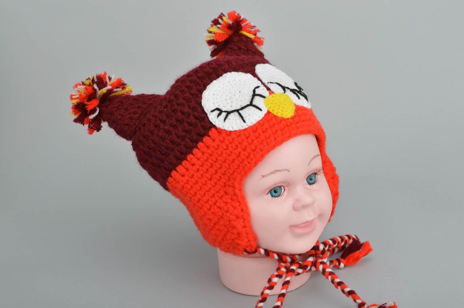 Bonnet tricoté hibou rouge fait main en coton et laine pour enfant original photo 5