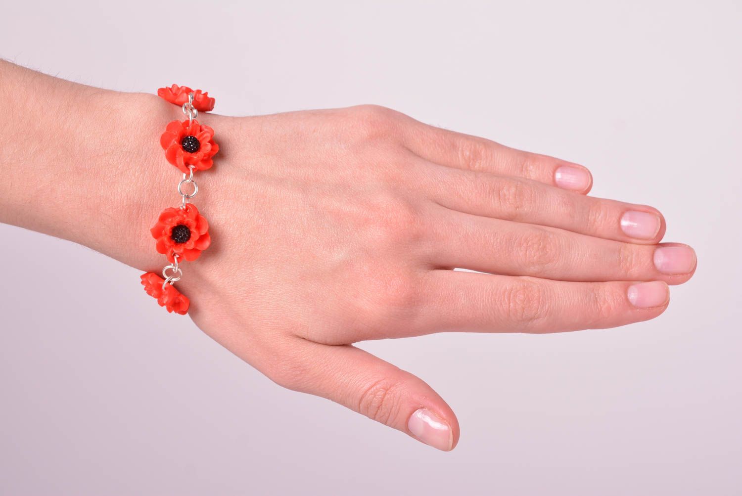 Chain red flowers charm bracelet of poppies photo 2