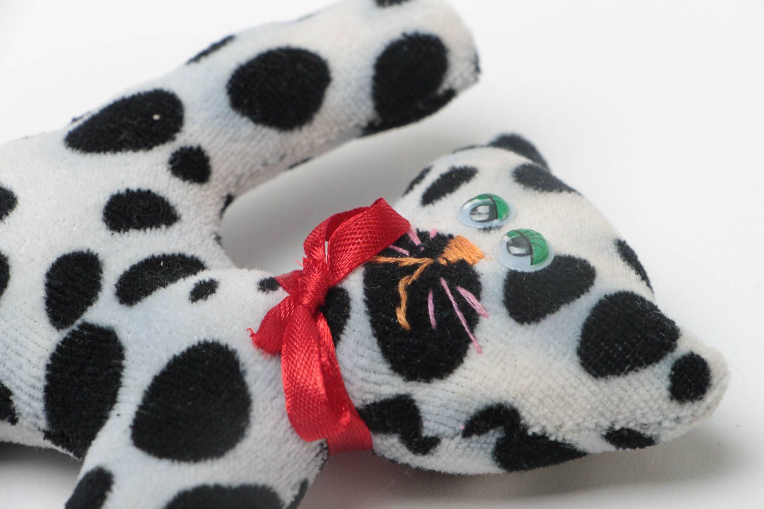 Handmade designer fleece soft toy black and white kitten with red bow for kids photo 3