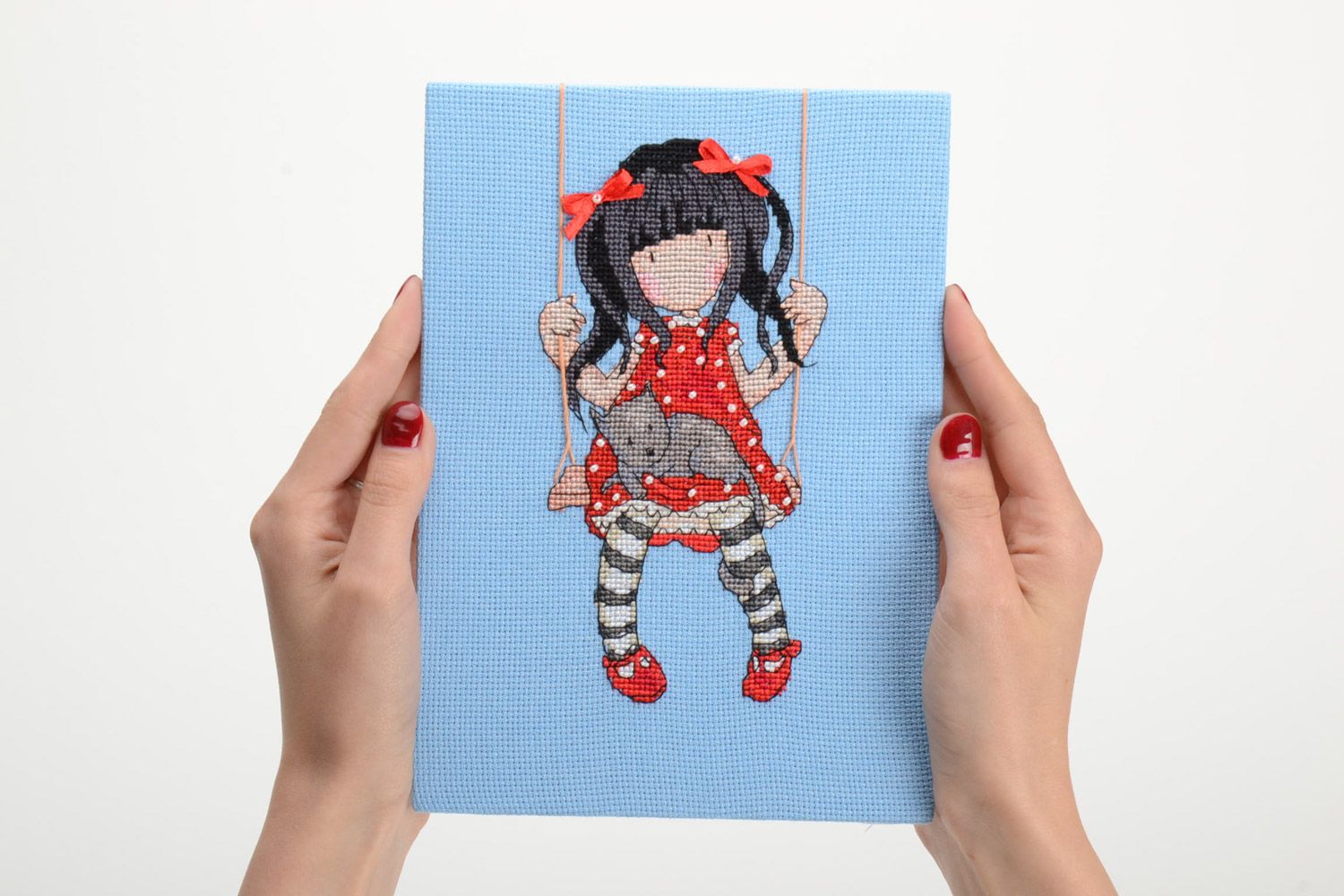Handmade small wall picture embroidered on blue linen canvas Girl on Swing photo 5