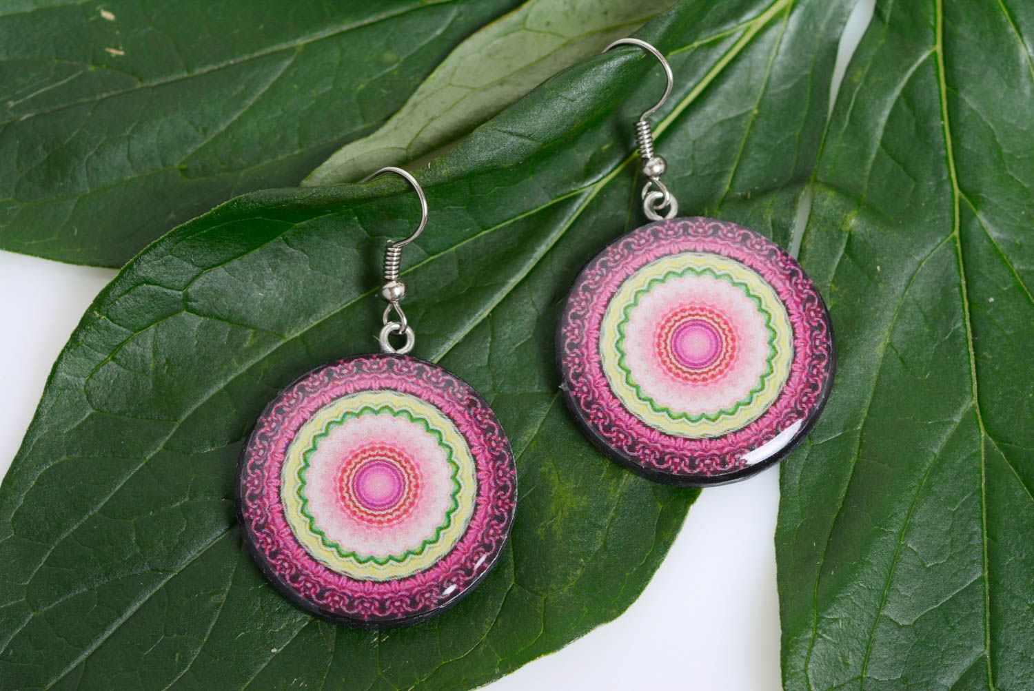 Beautiful bright earrings made of polymer clay handmade decoupage accessory photo 1