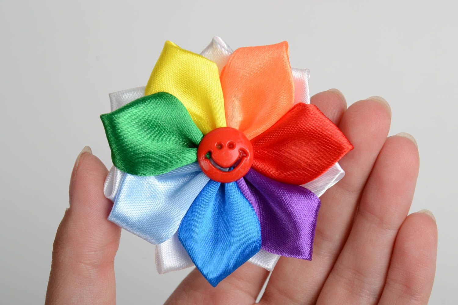 Homemade hair clip with satin ribbon kanzashi flower of rainbow coloring photo 5