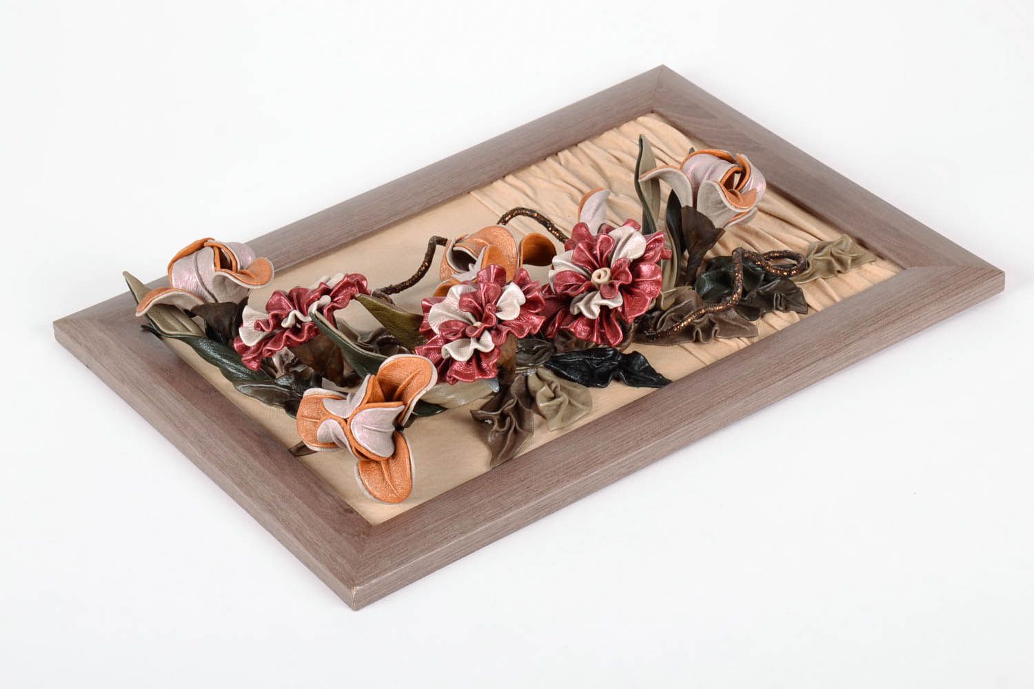Tableau en relief de cuir avec fleurs fait main  photo 5