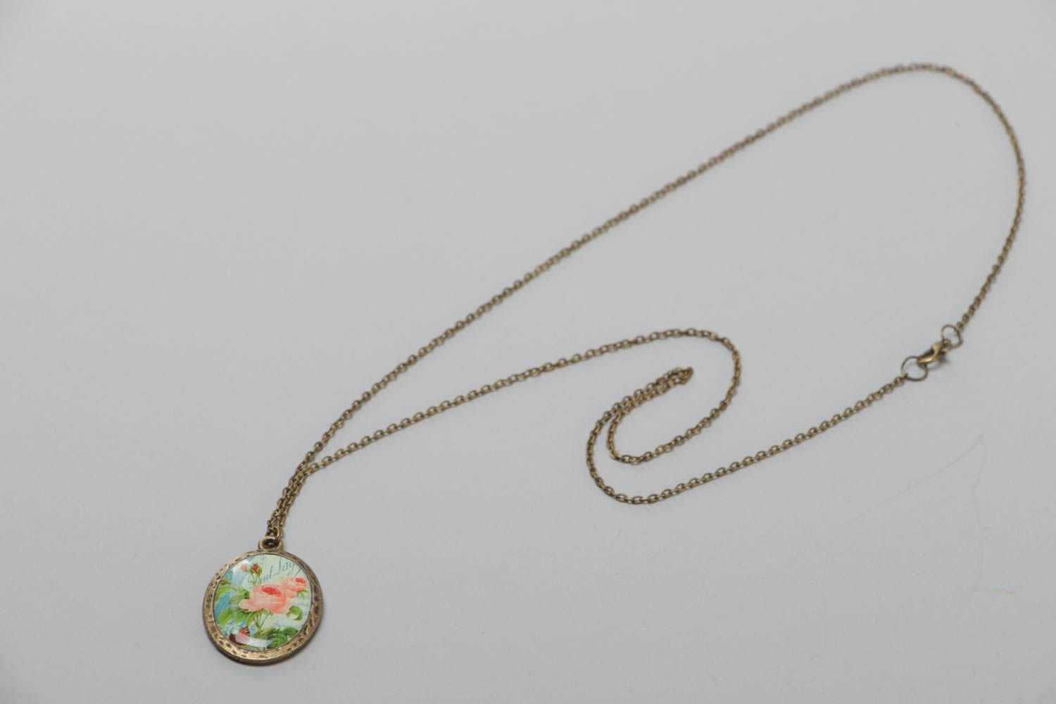 Handmade oval glassy glaze pendant with beautiful print on long chain photo 2