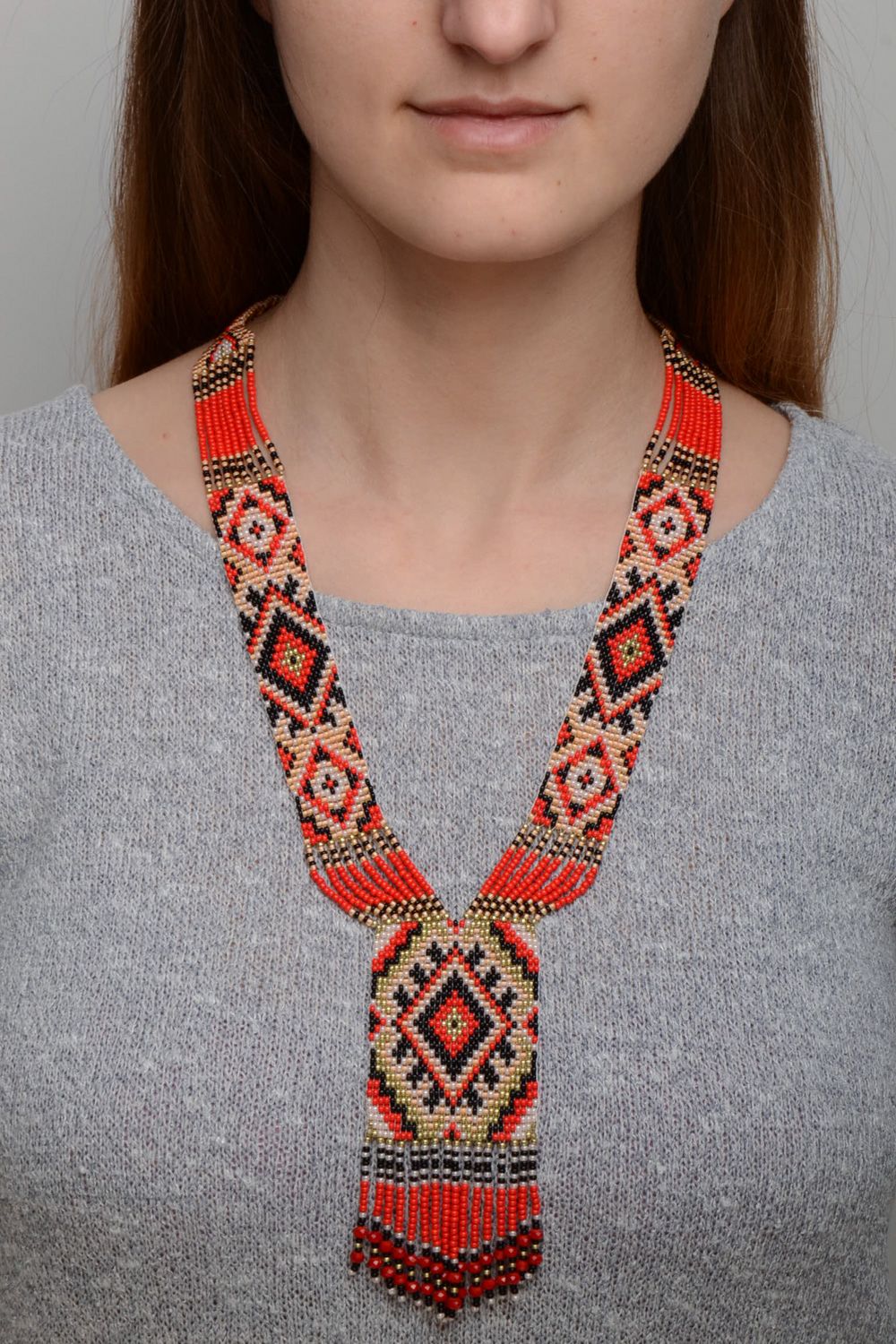 Handmade ethnic necklace woven of beads and bugles in red color palette for women photo 1