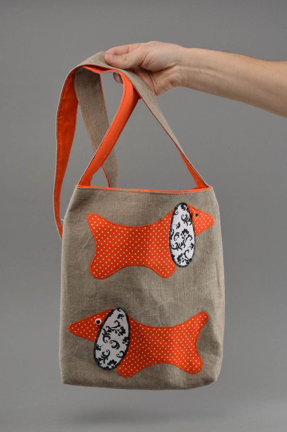 Öko Tasche aus Stoff mit Applikationen Dackel aus Leinen originell handmade  foto 4