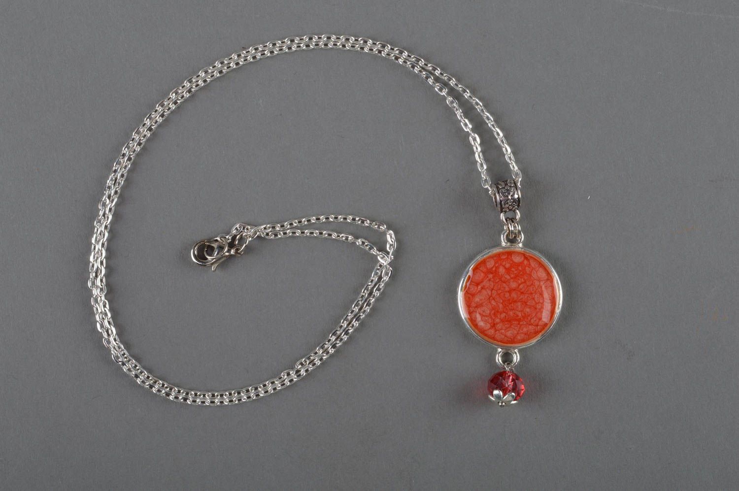 Stylish handmade orange decoupage neck pendant coated with epoxy resin and decorated with bead photo 1