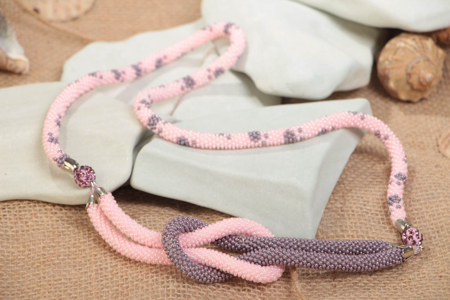 Handmade designer two colored pink and violet beaded cord necklace for women photo 1