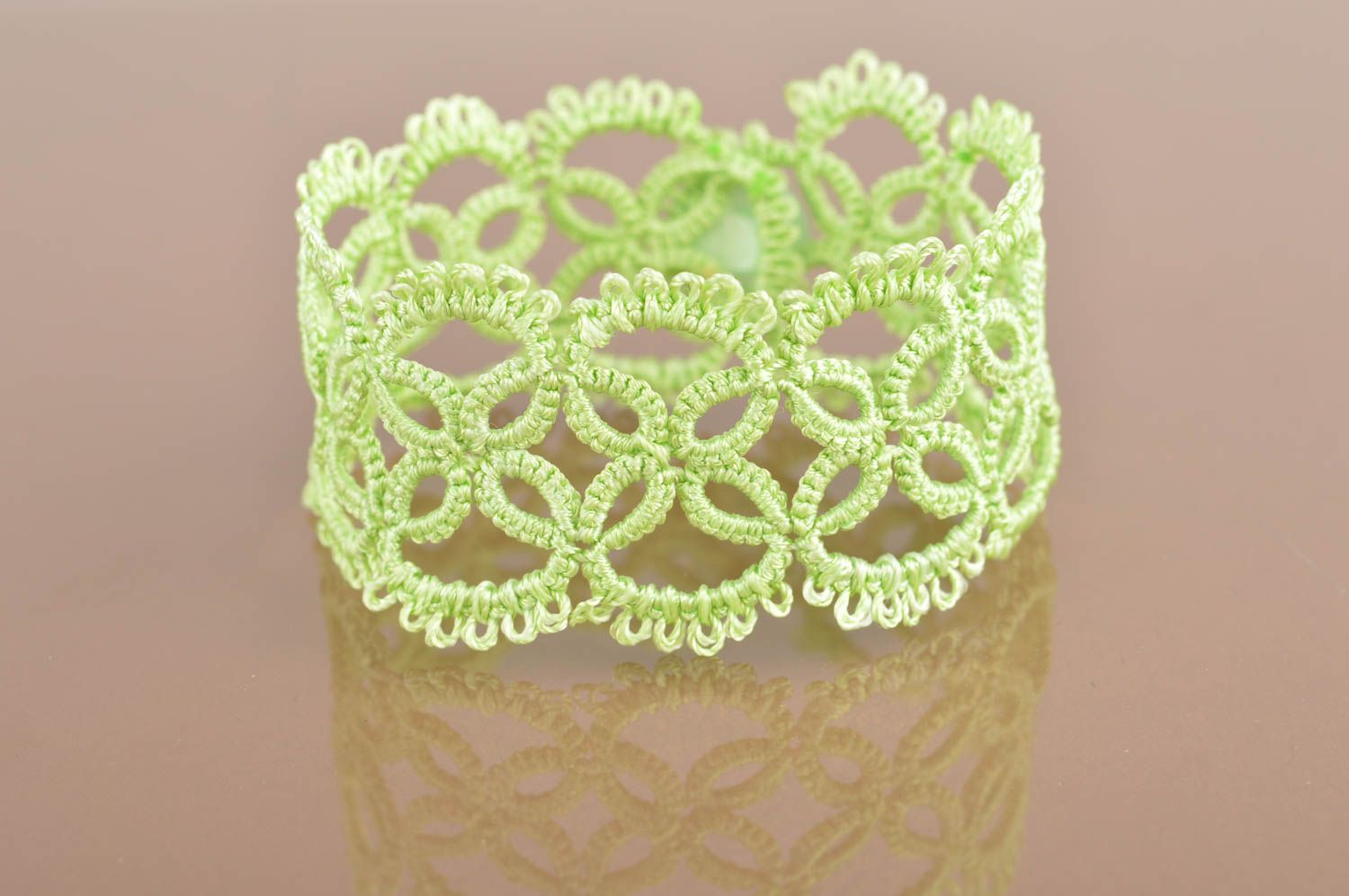 Handmade designer women's tatted wrist bracelet with Czech beads light green photo 2