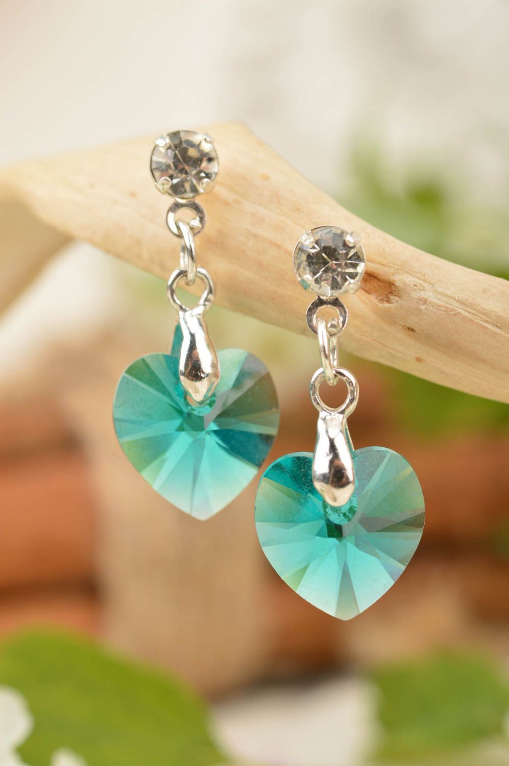 Beautiful designer cute handmade long earrings with Austrian stones Hearts photo 1