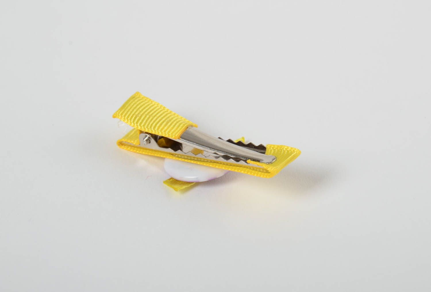 Yellow handmade designer children's soft textile hair clip with button photo 3