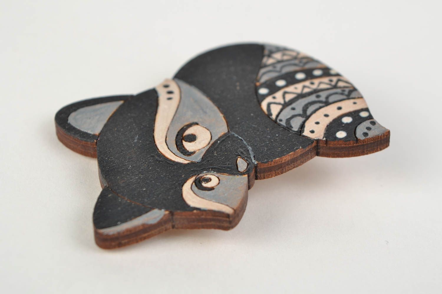 Beautiful small handmade wooden brooch in the shape of dark raccoon for children photo 3
