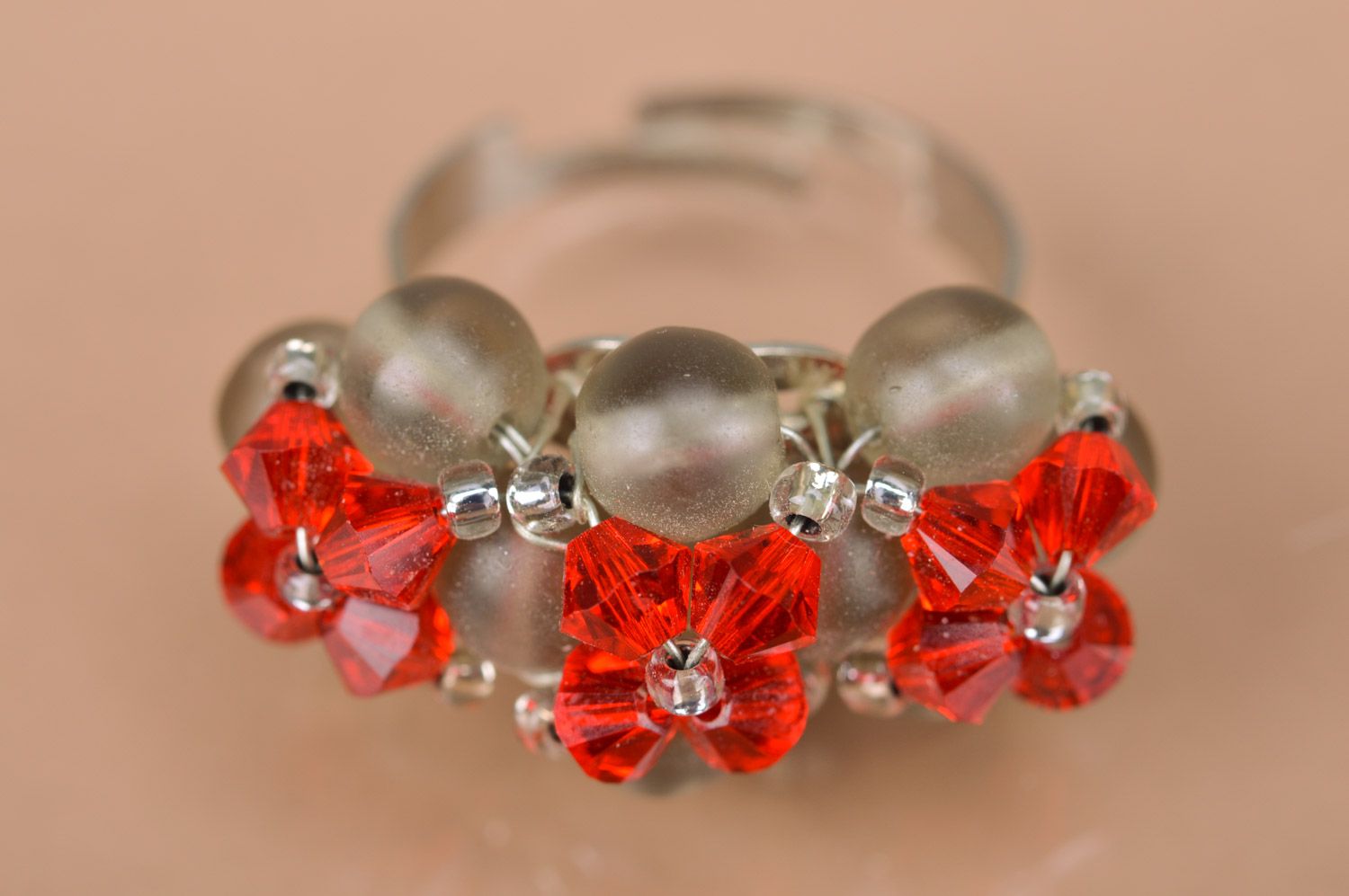 Handmade tender beaded ring on metal basis of adjustable size for women and girls photo 4
