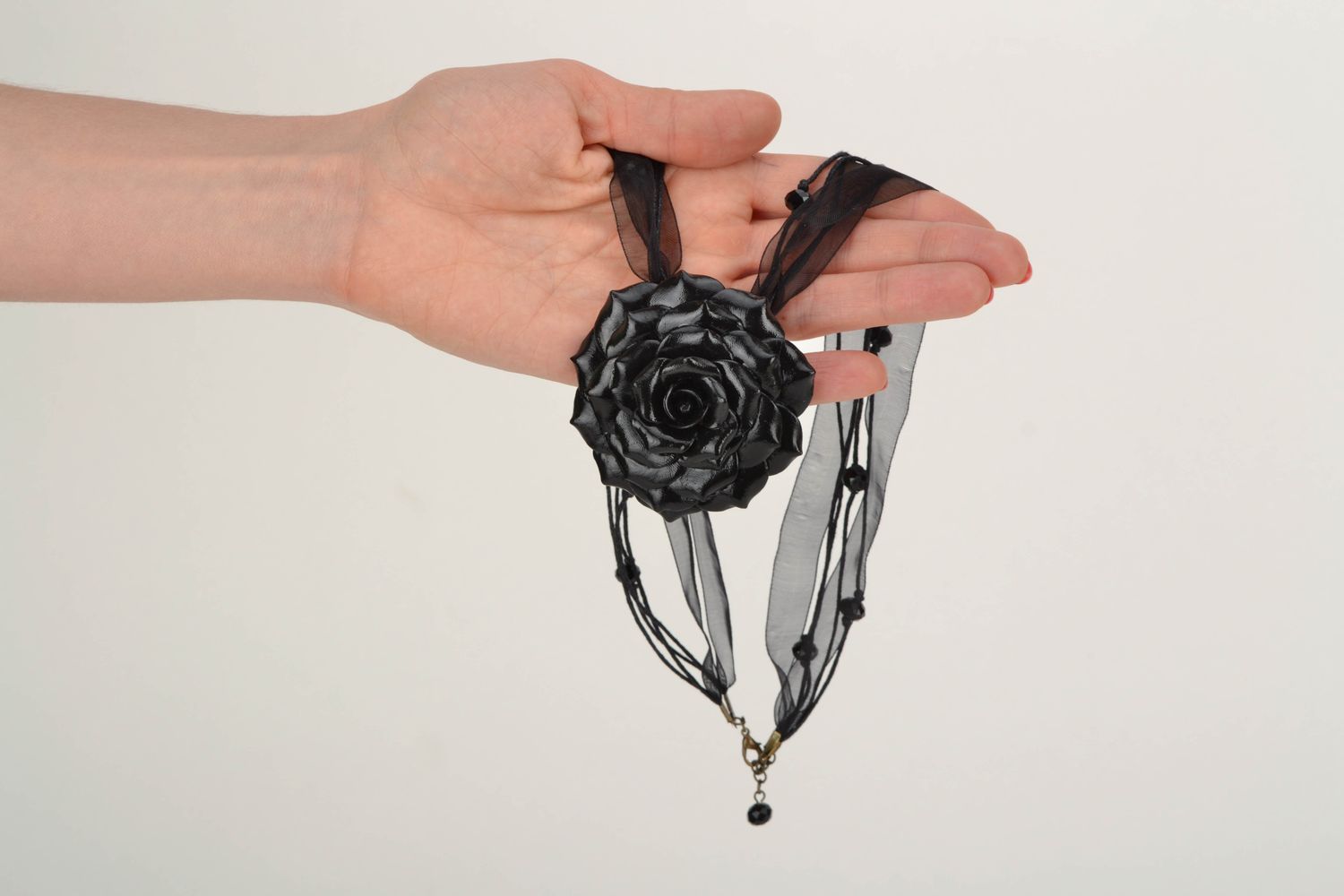 Polymer clay neck pendant with organza Black Rose photo 2