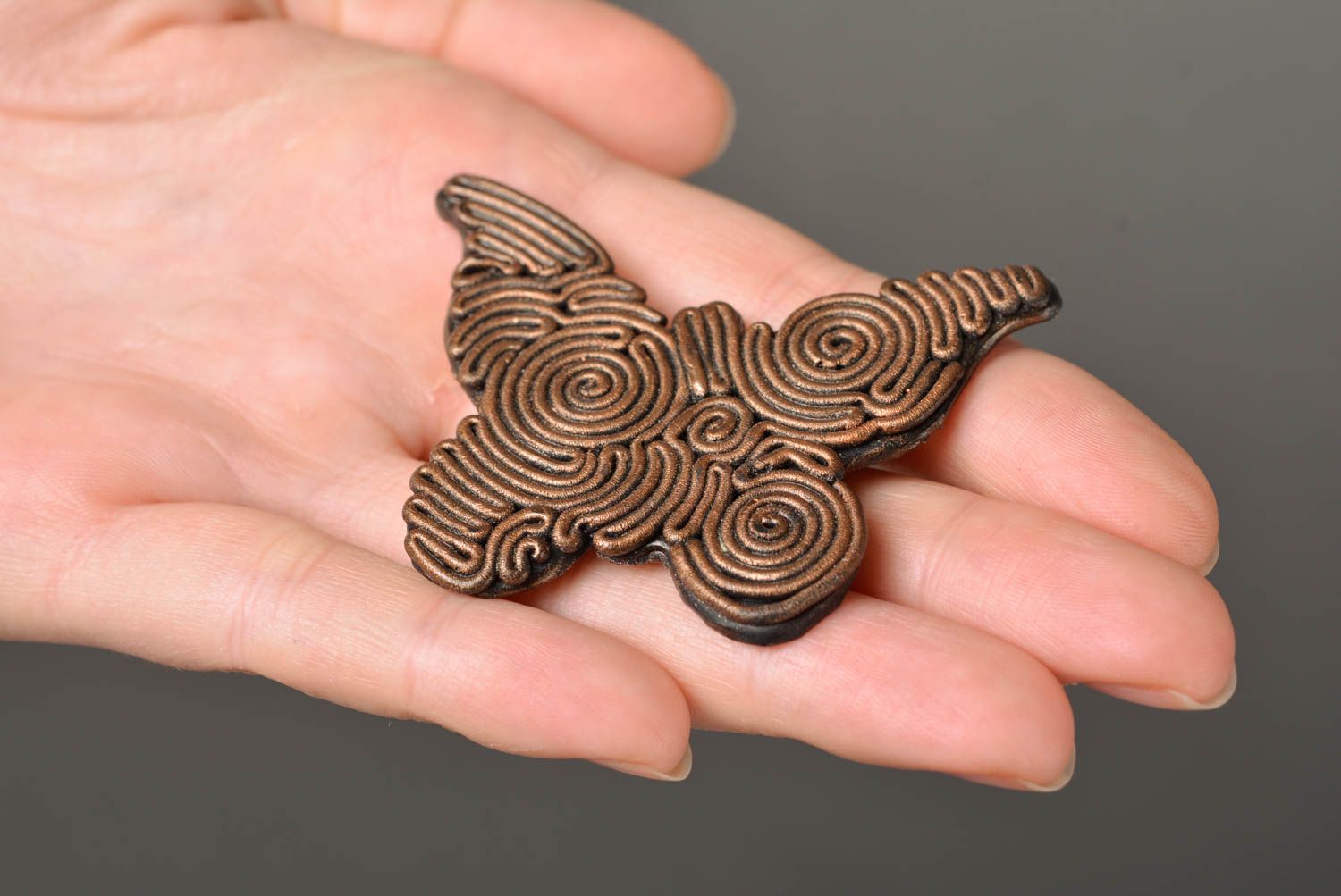 Handmade designer brown butterfly brooch molded of polymer clay  photo 3