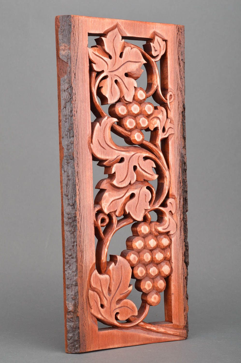 Unusual handmade carved wall panel made of wood for interior Bunches of grapes photo 3